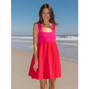 NEW Natural Life Boho Mini Dress Size Large Red Pink Colorblock Cotton Elastic